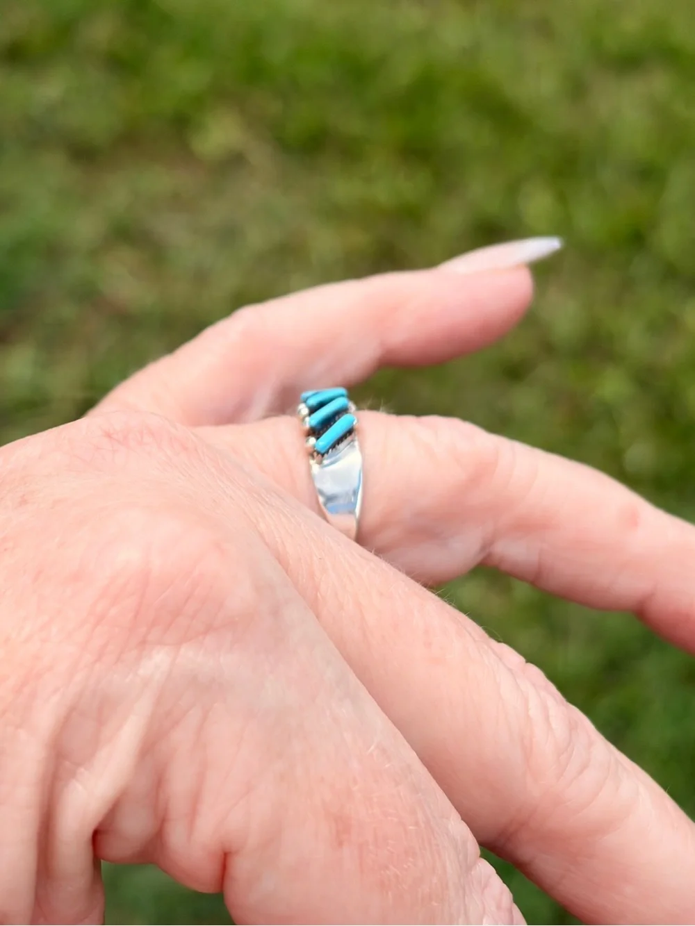 Cletus Lamy Signed 925 Sterling Silver Kingman Turquoise Inlay Chevron Ring
